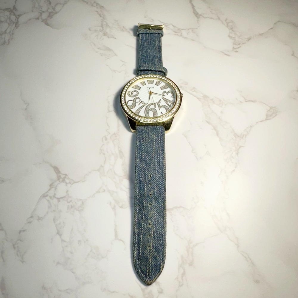 Vintage Guess Denim & Leather Strap, Gold& Crystal Embellished Big Face Dial
